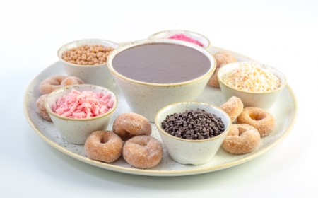 Fresh mini doughnuts to dip in real chocolate sauce and textures