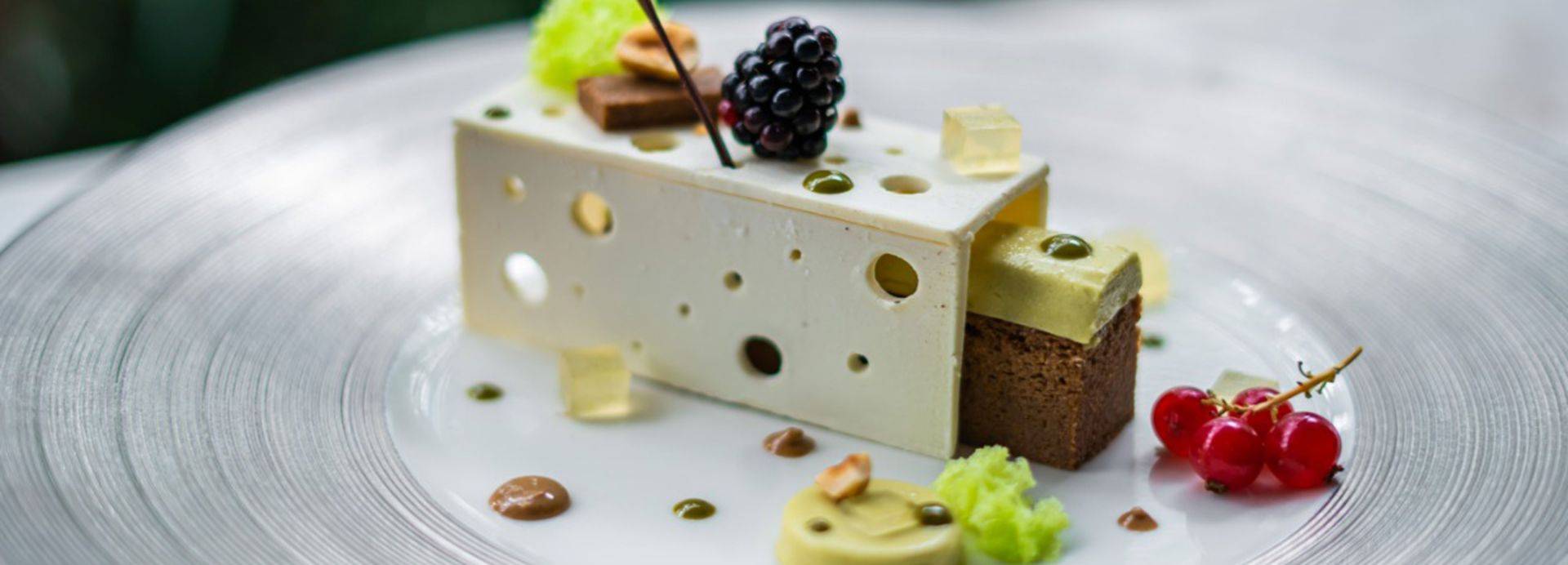 Milk Chocolate, Hazelnut Torte with Pistachio Mousseline and Lemon jelly